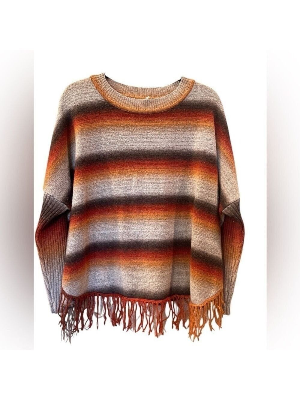 Mucho Muchette Women’s Fringed Striped Sweater Poncho Orange Ombre Size: Large